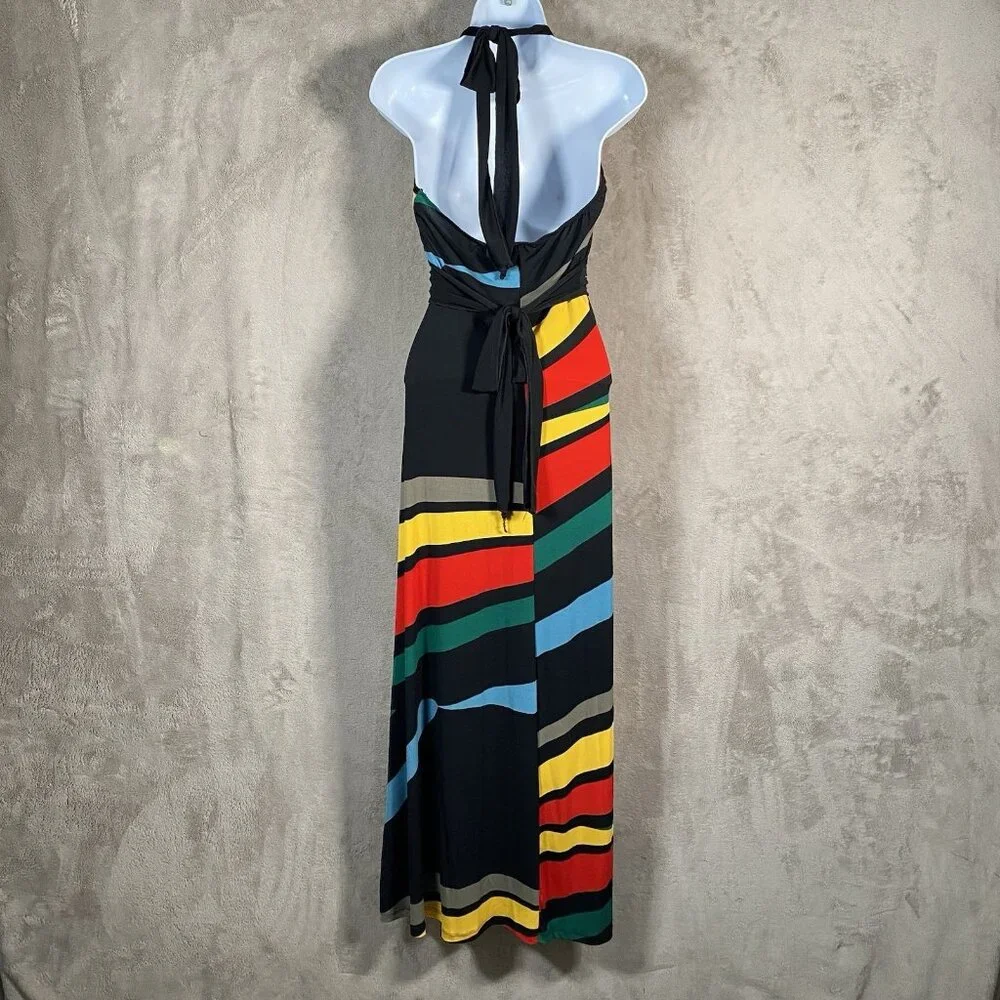 Vintage Y2K Wet Seal Maxi Dress Size L Retro Colorful Halter Tie Stretch V Neck - Picture 9 of 16